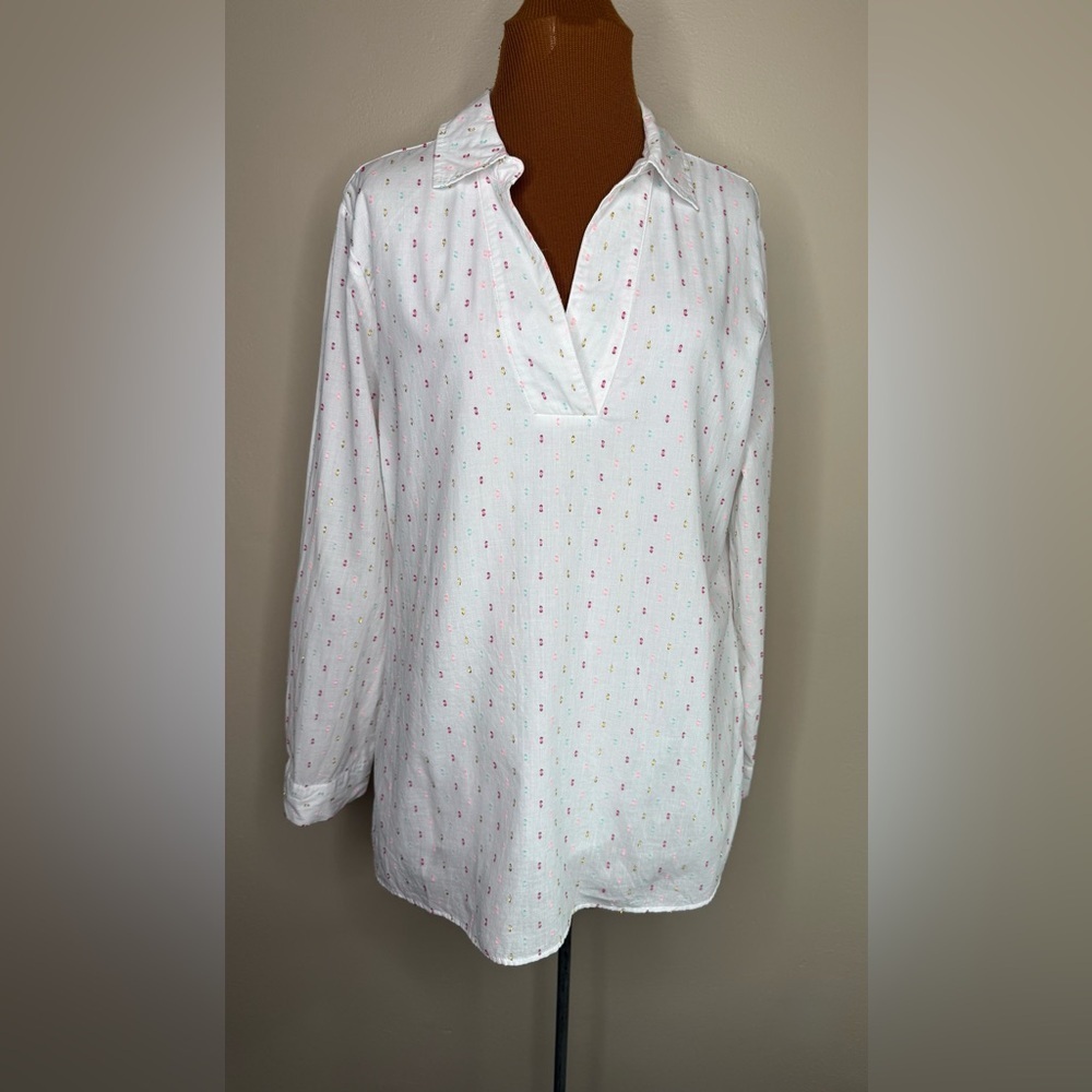 Linda Anderson White Multi Dot Pullover Long Sleeve Blouse Size Large